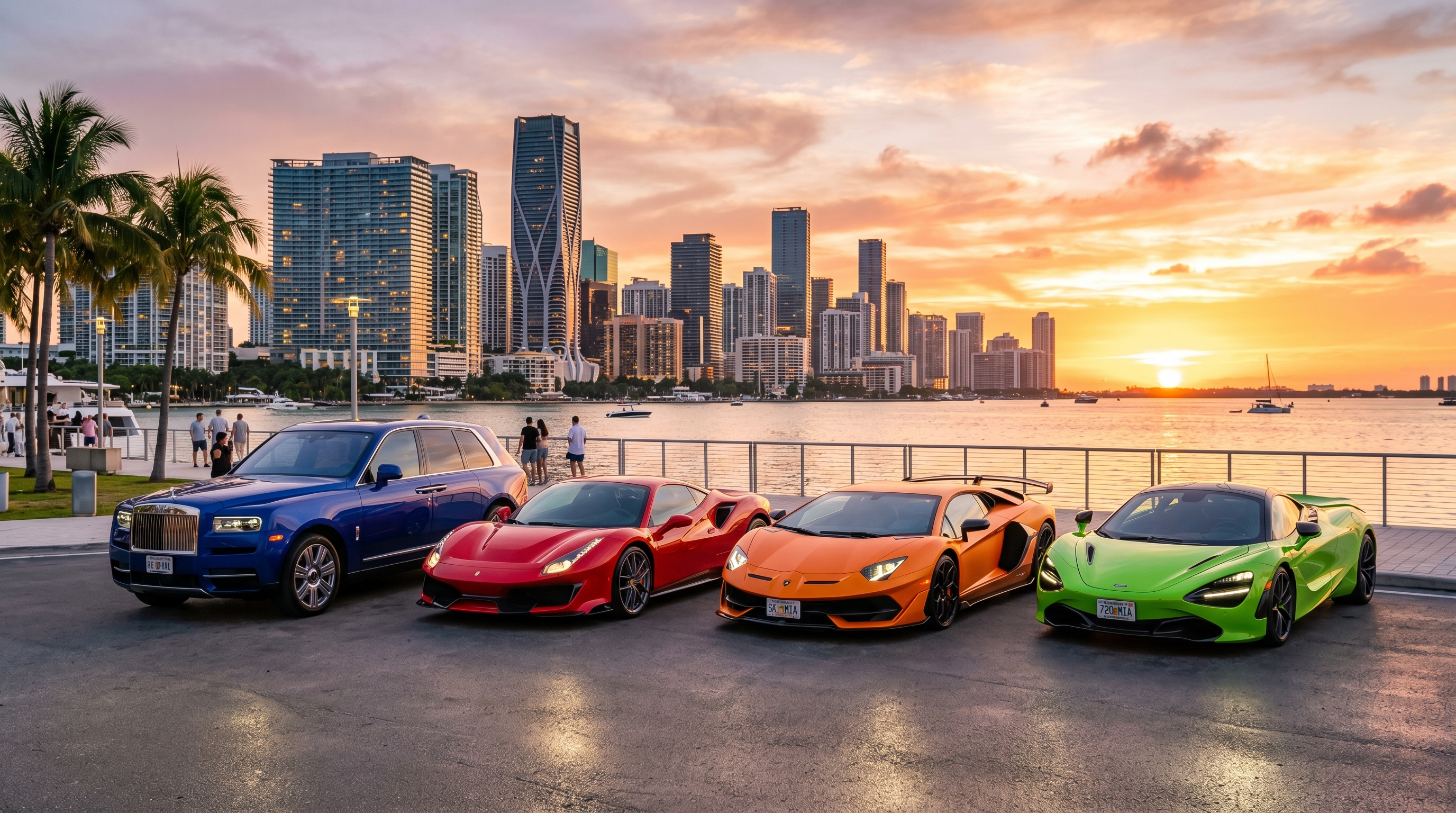Fleet of exotic supercars — Lamborghini, Ferrari, McLaren, Rolls-Royce lined up side by side in front of Miami skyline at golden hour