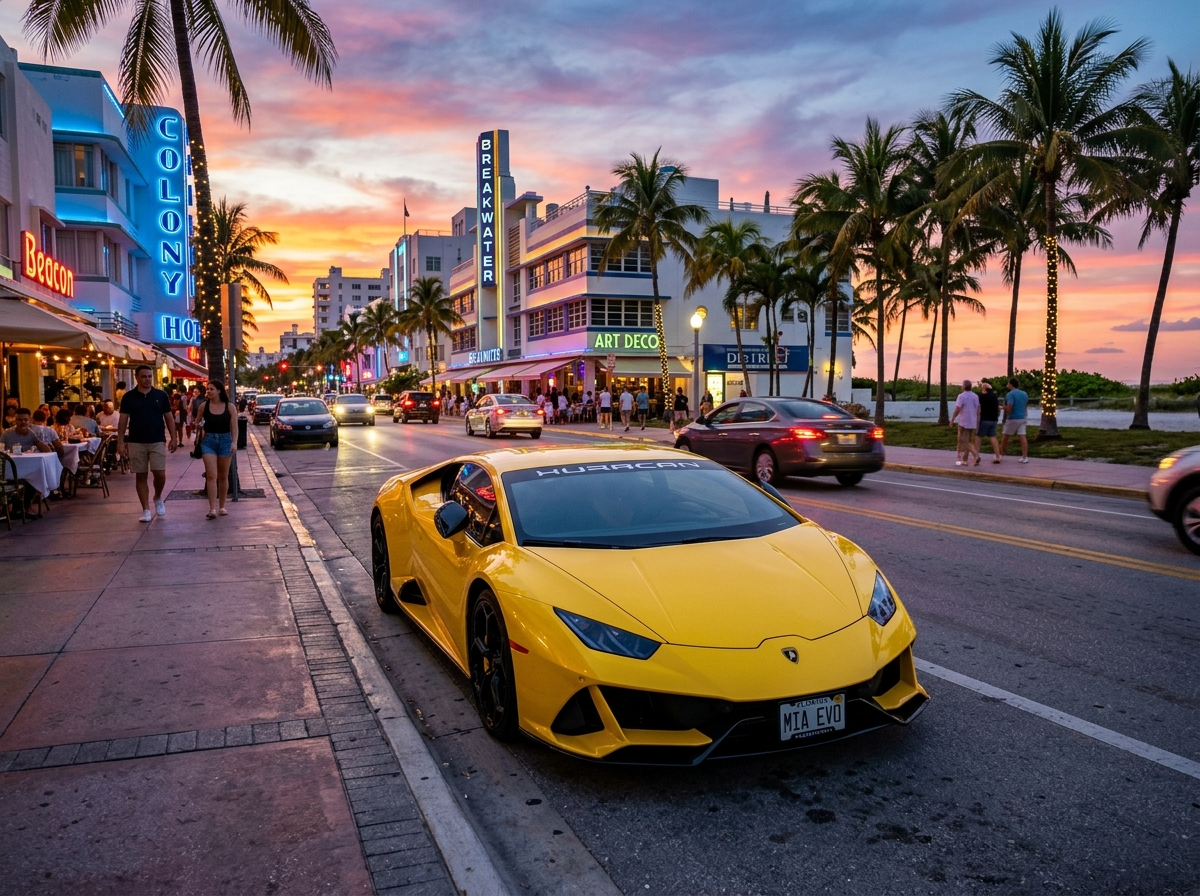 Lamborghini Huracan EVO 2023 parked on Ocean Drive Miami Beach at sunset, yellow exterior