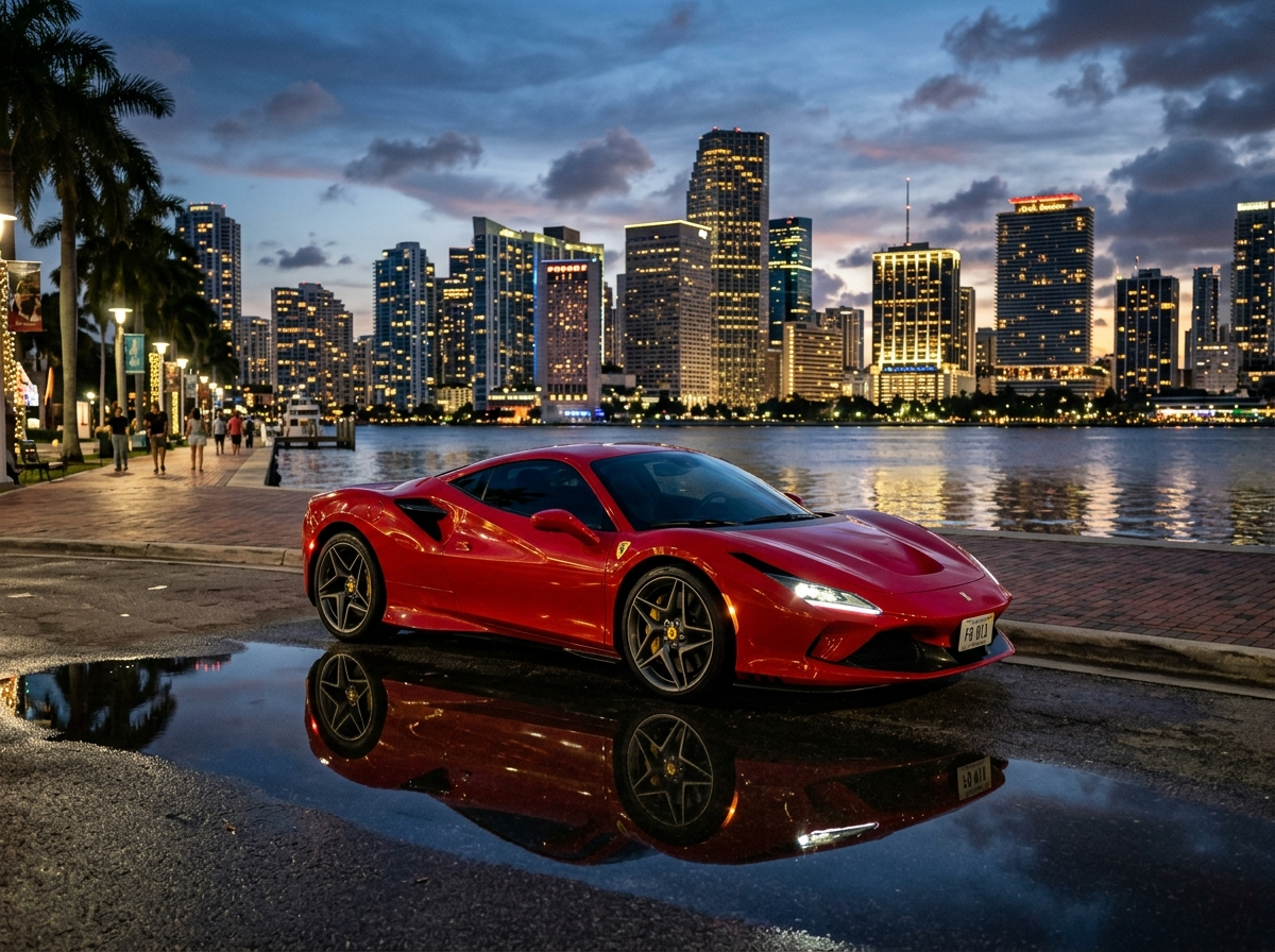 Ferrari F8 Tributo Rosso Corsa red parked in Brickell Miami with city skyline reflection