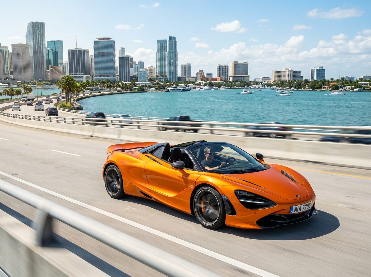 McLaren 720S Spider in Papaya Spark orange with roof open driving along Miami causeway