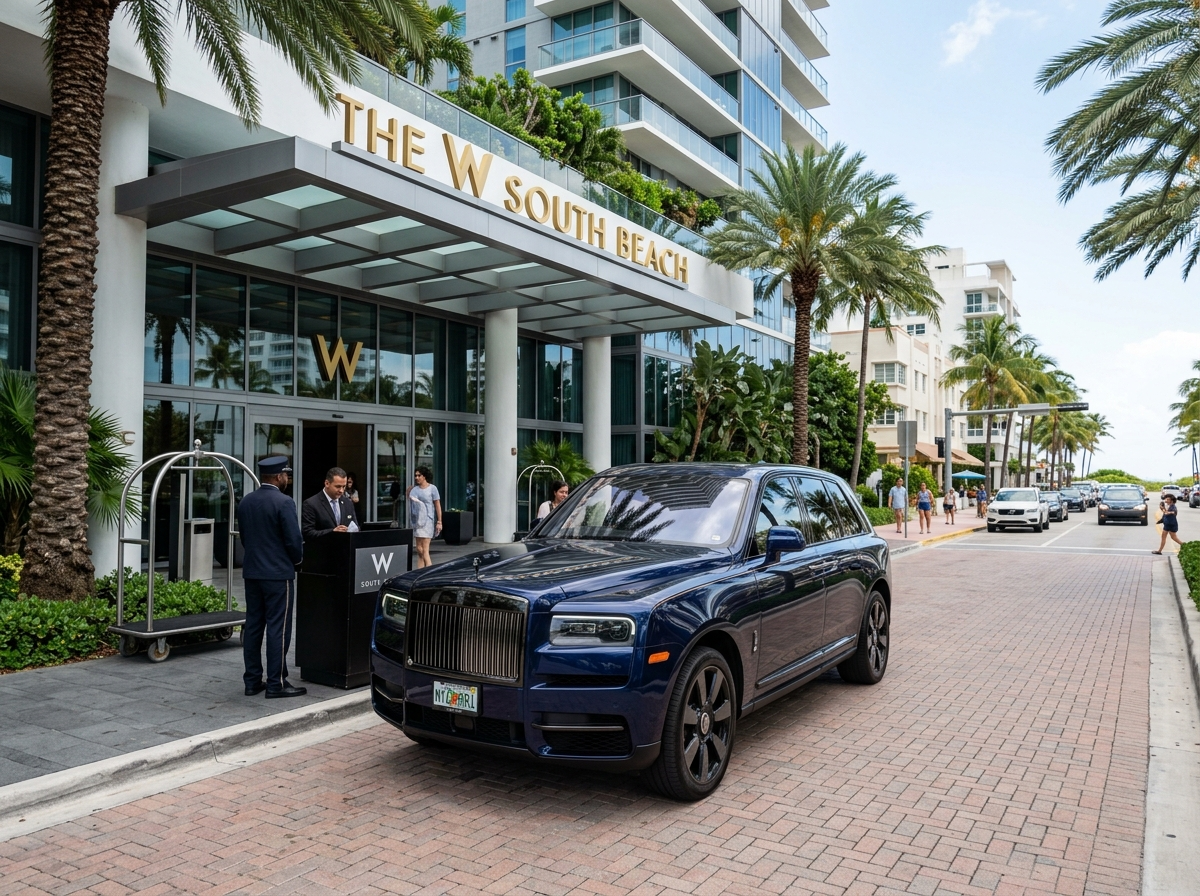 Rolls-Royce Cullinan Black Badge in Midnight Sapphire parked in front of luxury hotel on Collins Ave Miami Beach