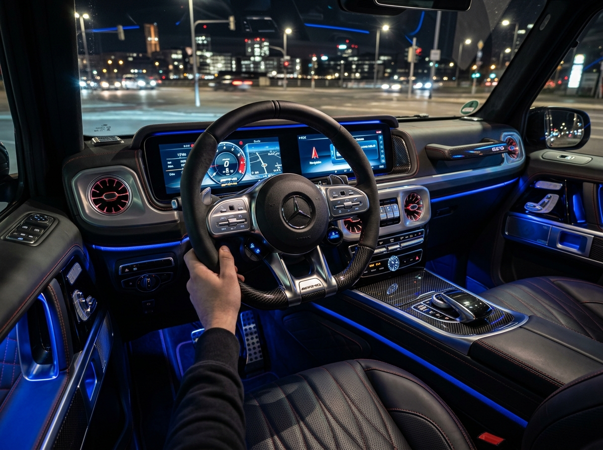 Mercedes G63 AMG interior with AMG performance steering wheel and ambient lighting