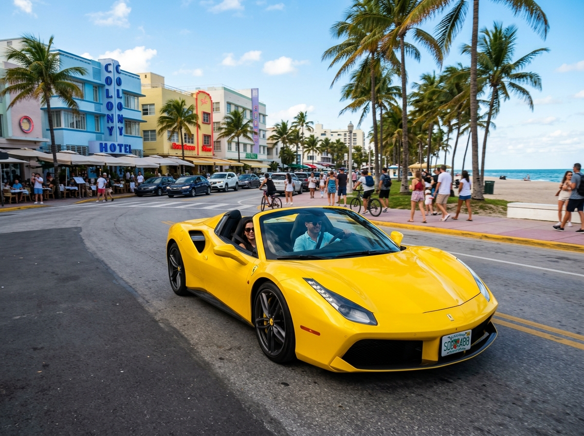 Ferrari 488 Spider in Giallo Triplo Strato yellow convertible on Ocean Drive South Beach Miami