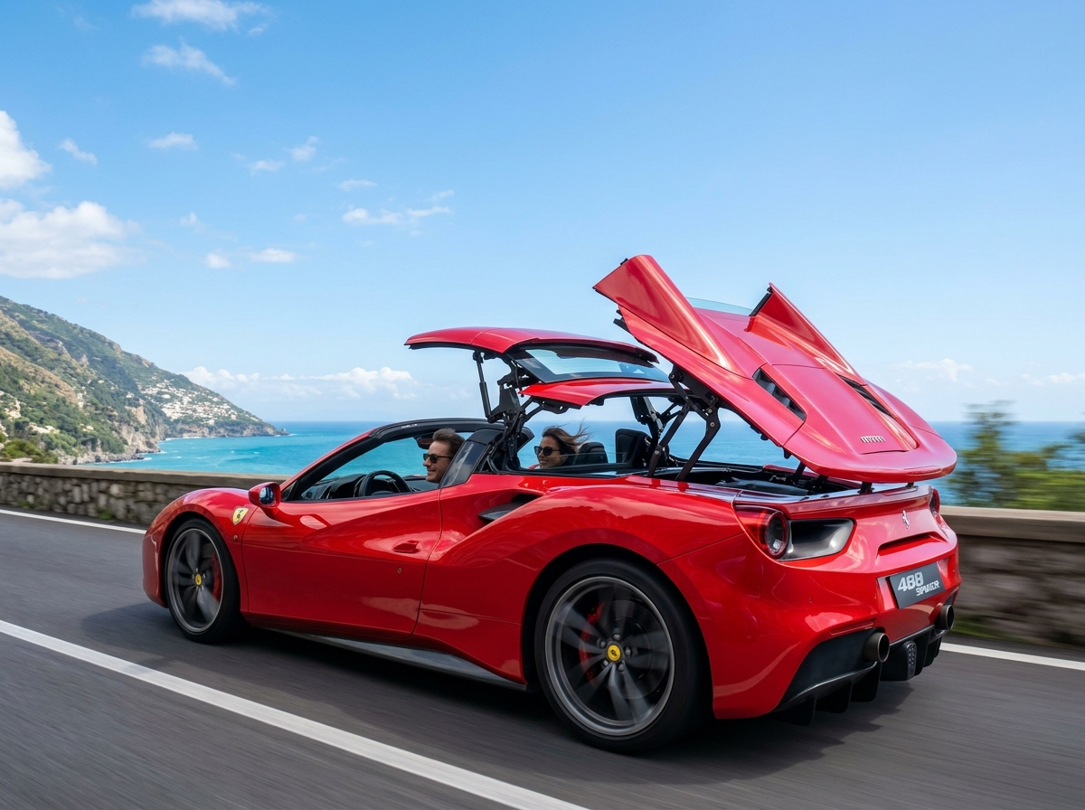 Ferrari 488 Spider retractable hardtop mechanism in motion with blue sky background