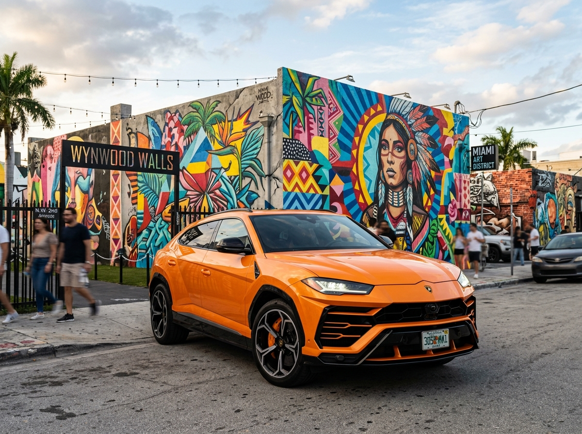 Lamborghini Urus SE in Arancio Atlas orange SUV in Wynwood Walls Miami art district