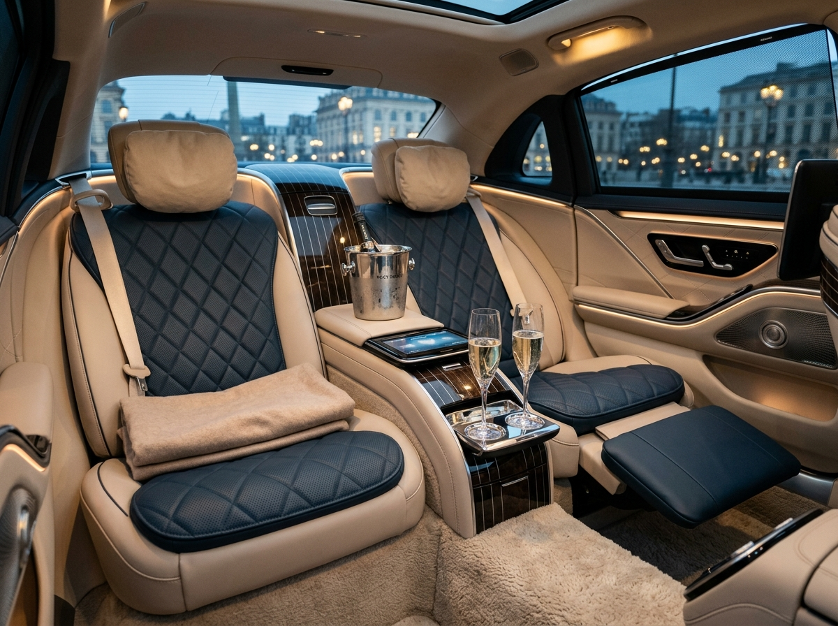 Mercedes-Benz Maybach S680 rear executive lounge seats with champagne flutes and massage feature