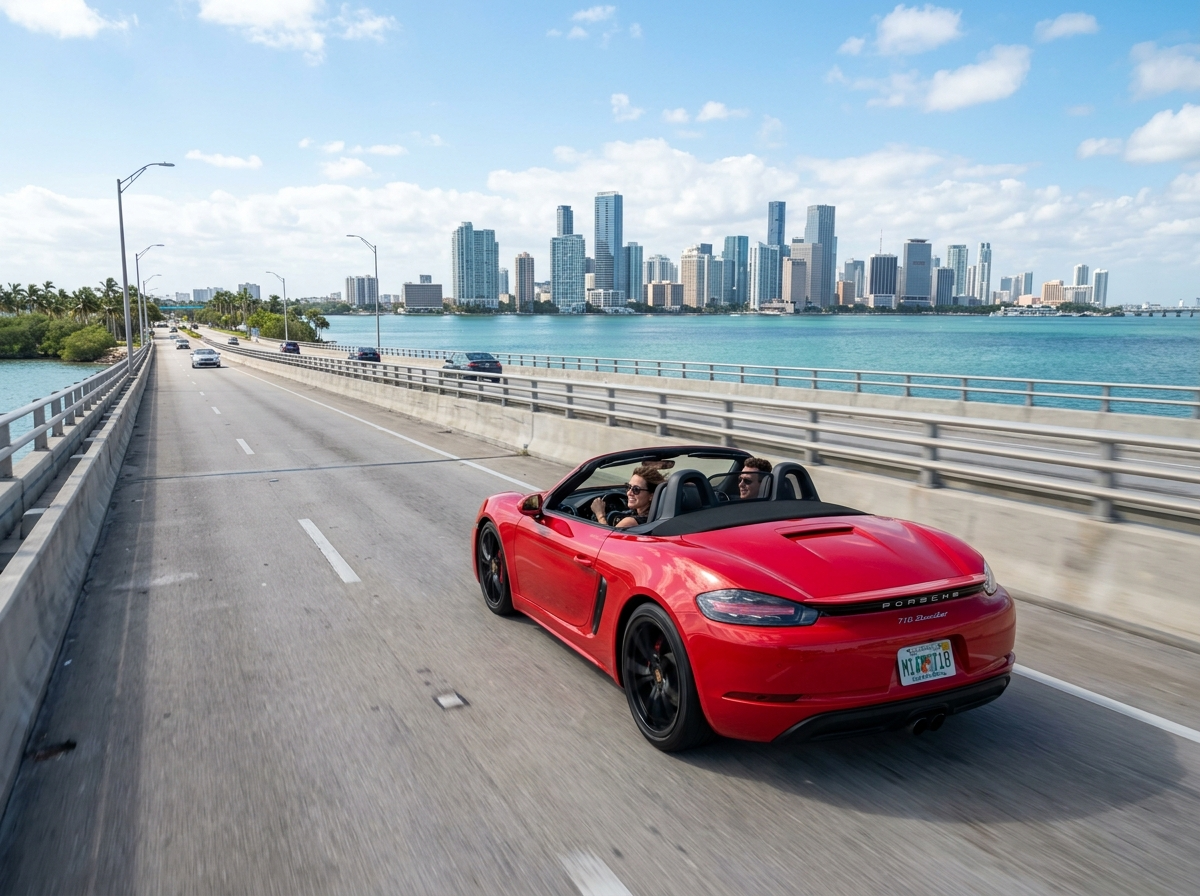 Porsche 718 Boxster in Guards Red convertible with top down on scenic Key Biscayne bridge Miami