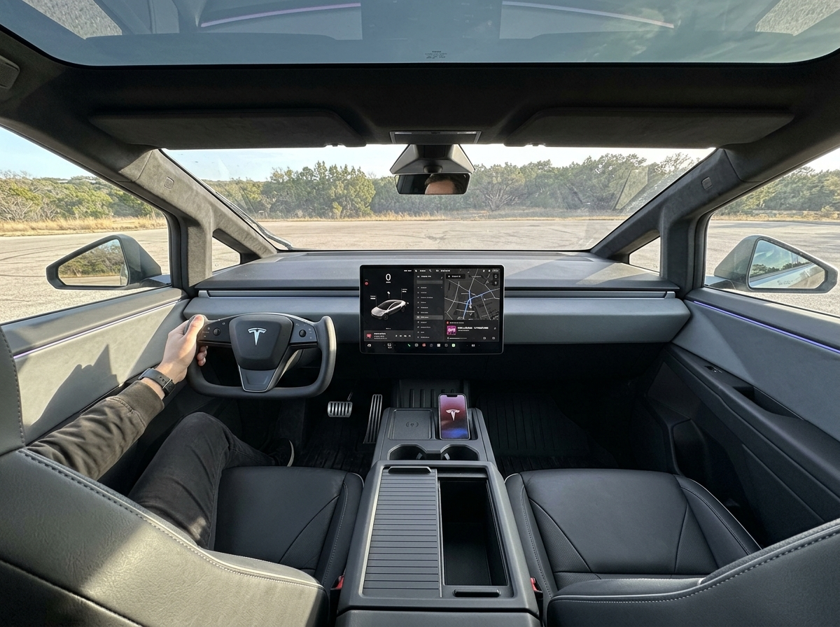 Tesla Cybertruck interior with 17-inch landscape touchscreen and minimalist dashboard